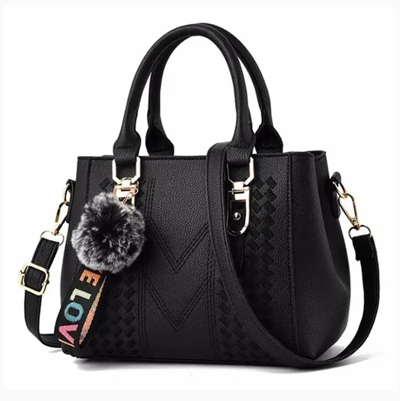 NovaLuxe PU Leather Messenger Bag For Women With Fur Ball Accent And Secure Zipper Closure