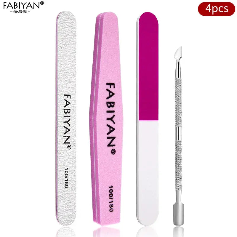 Manicure set 4pcs by Fabiyan with pink and white nail files and knurled metal cuticle pusher