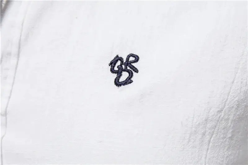 Men's white 100% cotton shirt with navy embroidered chest logo