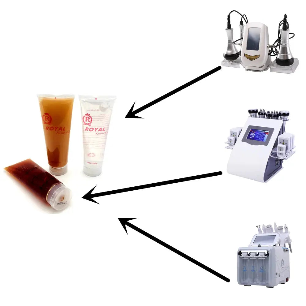 300g Ultrasonic Gel for 40K Cavitation RF body slimming devices by Simples Market, with gel tubes and machines.