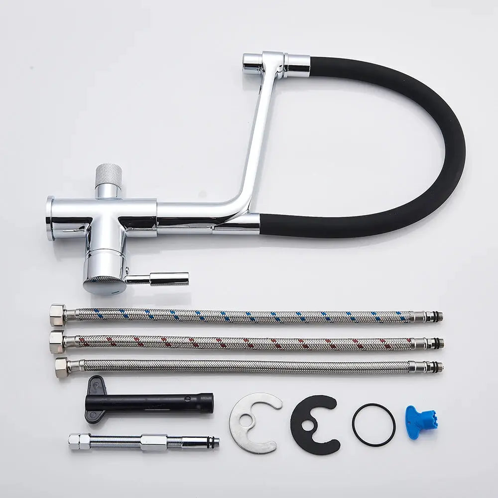 Rozin purification kitchen faucet with black pull-out hose, 3 braided supply hoses and mounting hardware