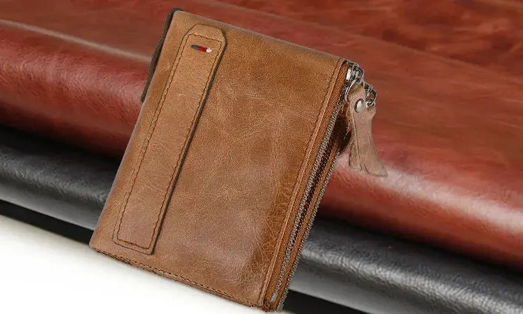 Brown genuine cow leather men's short card holder wallet with zip-around closure