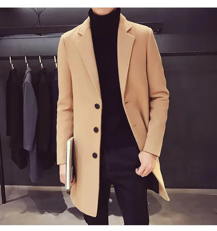 Simples Market camel long cotton coat for men, wool-blend, slim fit, casual business outerwear