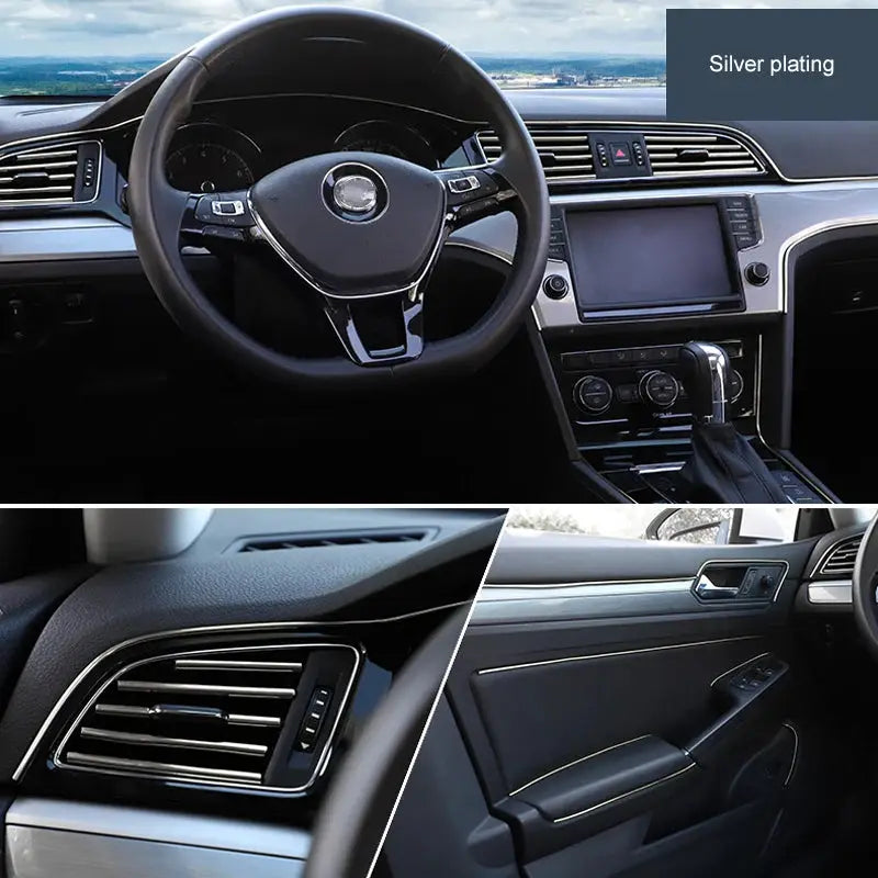 Car interior moulding strips by Simples Market, silver-plated flexible trim for dashboard and door edges.