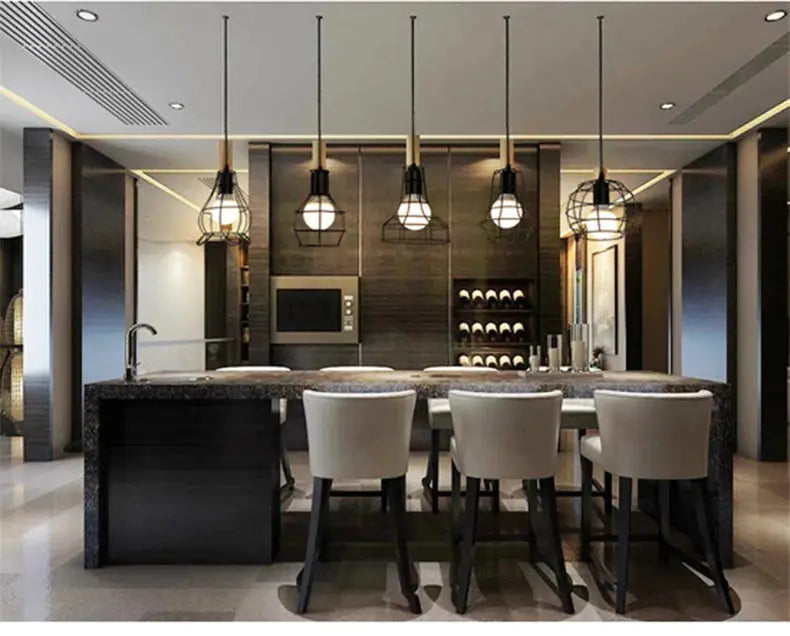 Industrial retro iron pendant lights with black wire cages; five hanging lamps over a modern kitchen island
