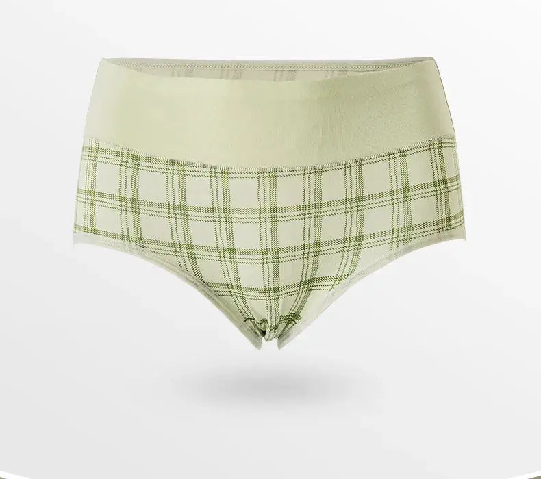 Women's high-waist cotton underwear in beige with green plaid pattern