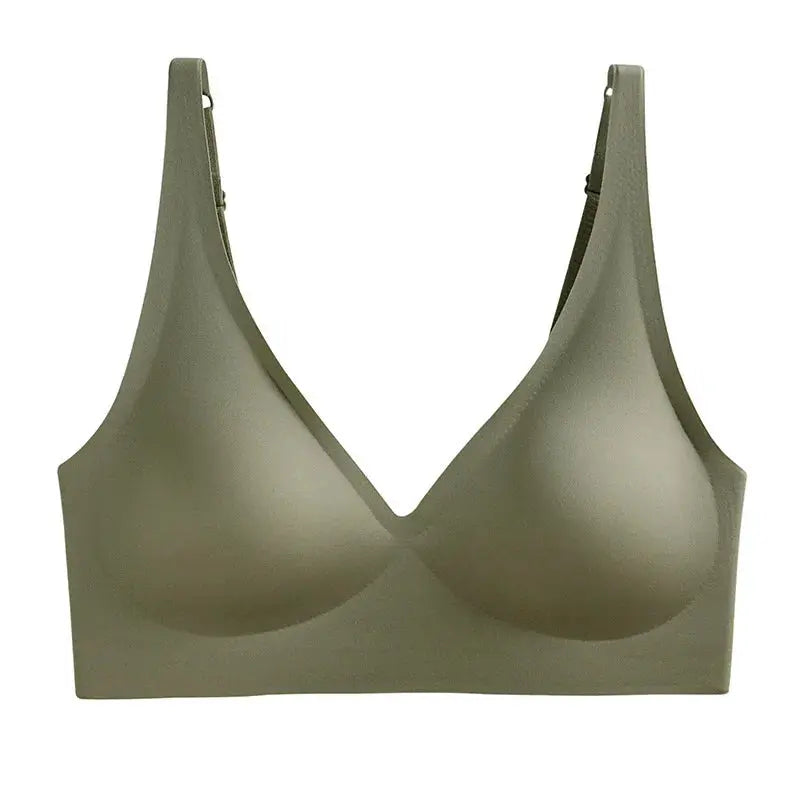 Push-up seamless bra in olive green with V-neck, non-wire design and removable pads