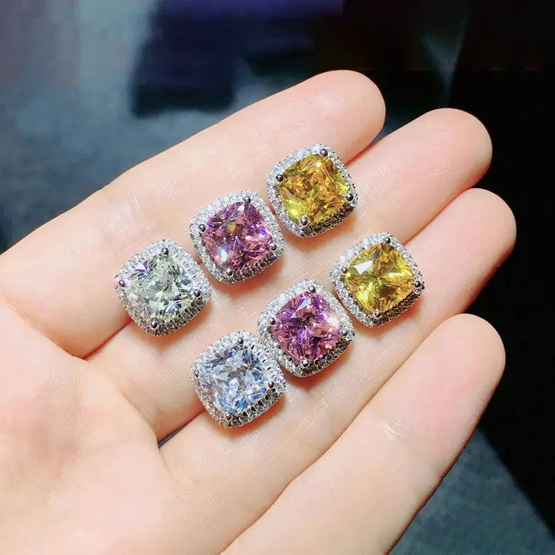 Huitan cushion-shaped cubic zirconia stud earrings, 6-piece set in assorted colors