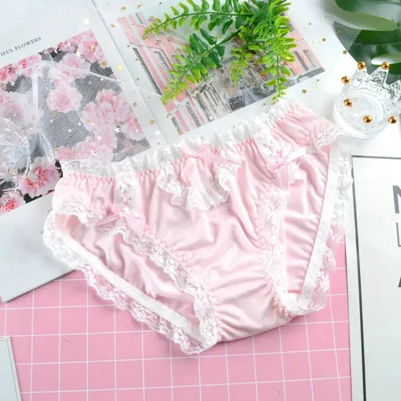 Simples Market pink satin panties with white lace trim, front bow, low-waist style