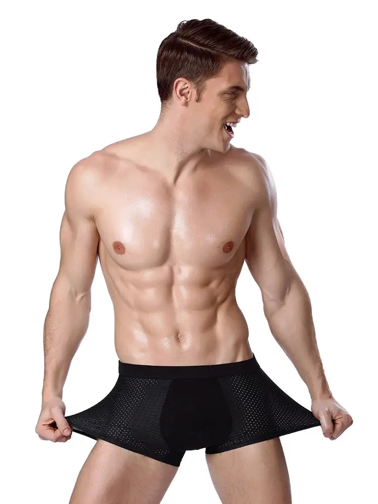 Simples Market bamboo fiber men's boxer briefs, black breathable mesh underpants, size L-8XL