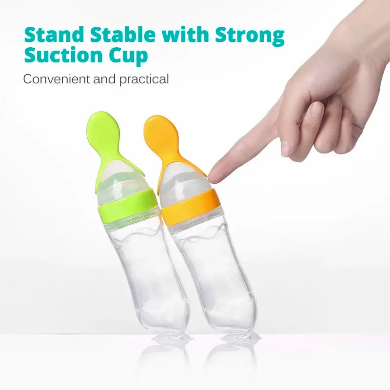 Silicone Baby Bottle With Integrated Squeeze Spoon For Mess Free Feeding Milk Rice Cereal