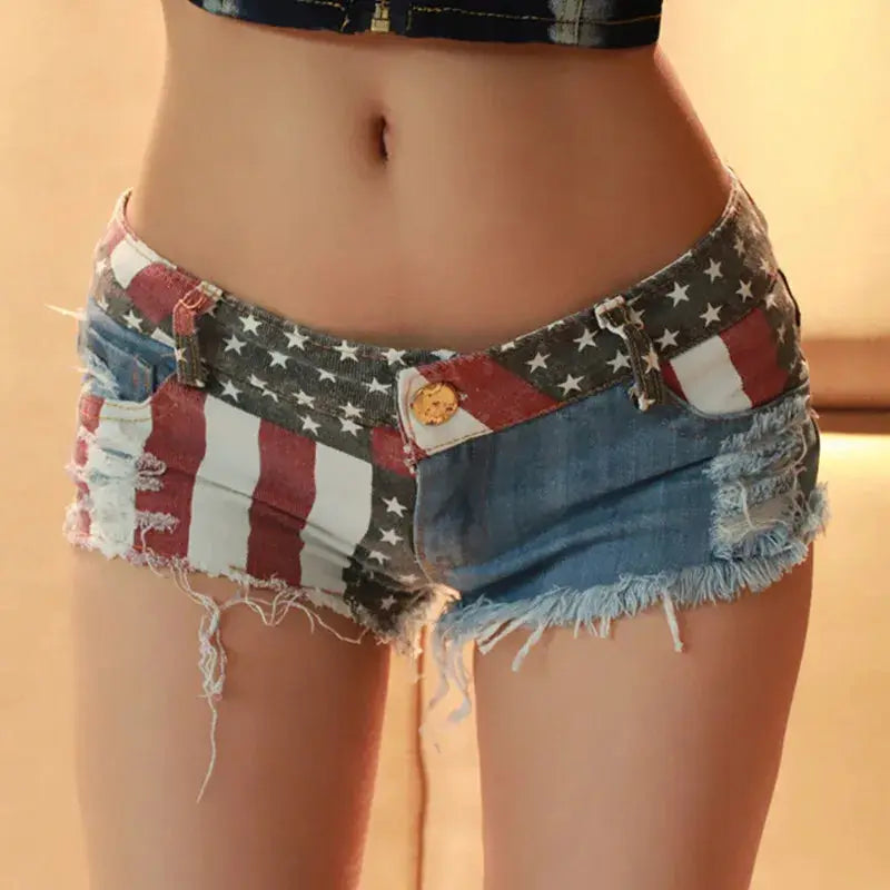 Mid waist USA flag printed denim shorts for women by Simples Market, distressed with frayed hems (S–XXL)