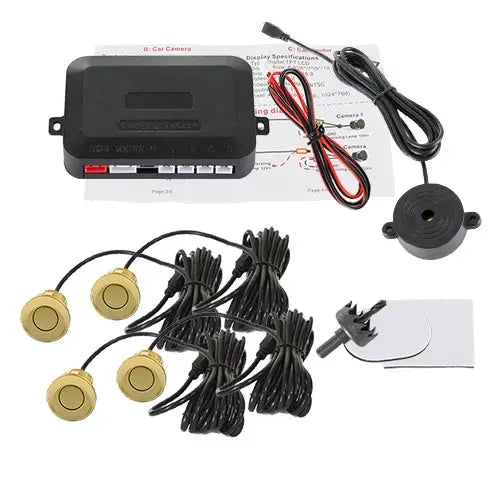 Hippcron 4-sensor car parking kit by Simples Market with gold probes, control unit, and wiring (12V).