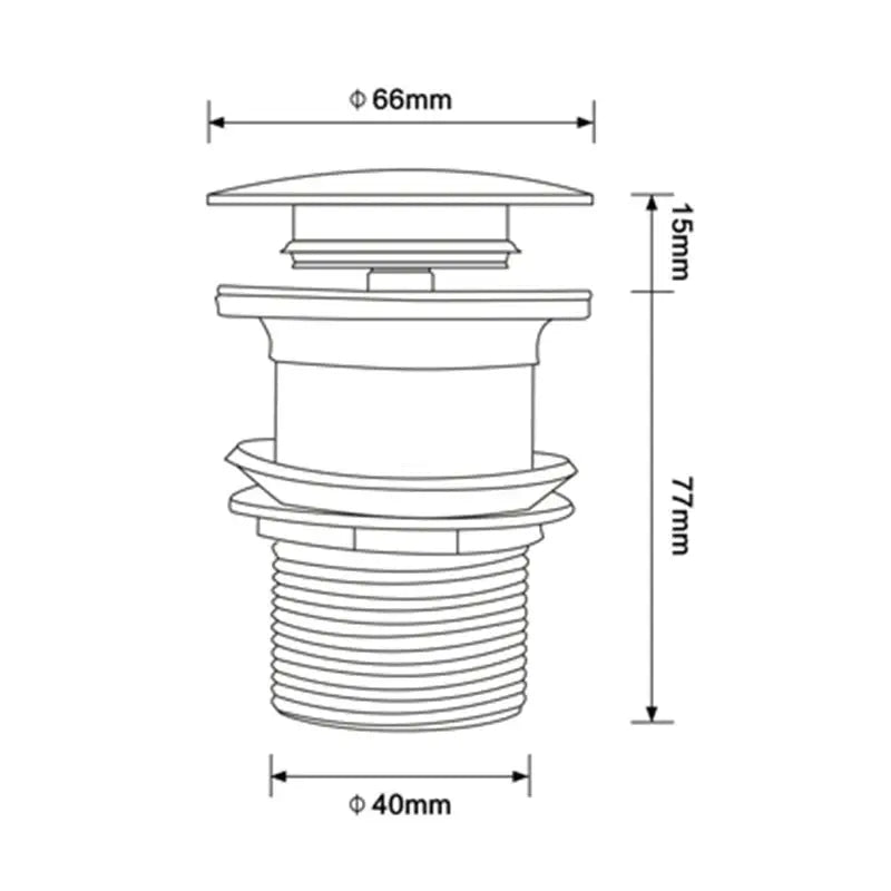 Bagnolux bathroom sink drain stopper, pop-up drain for vessel vanity; 66mm top dia, 40mm thread dia, 77mm total height.