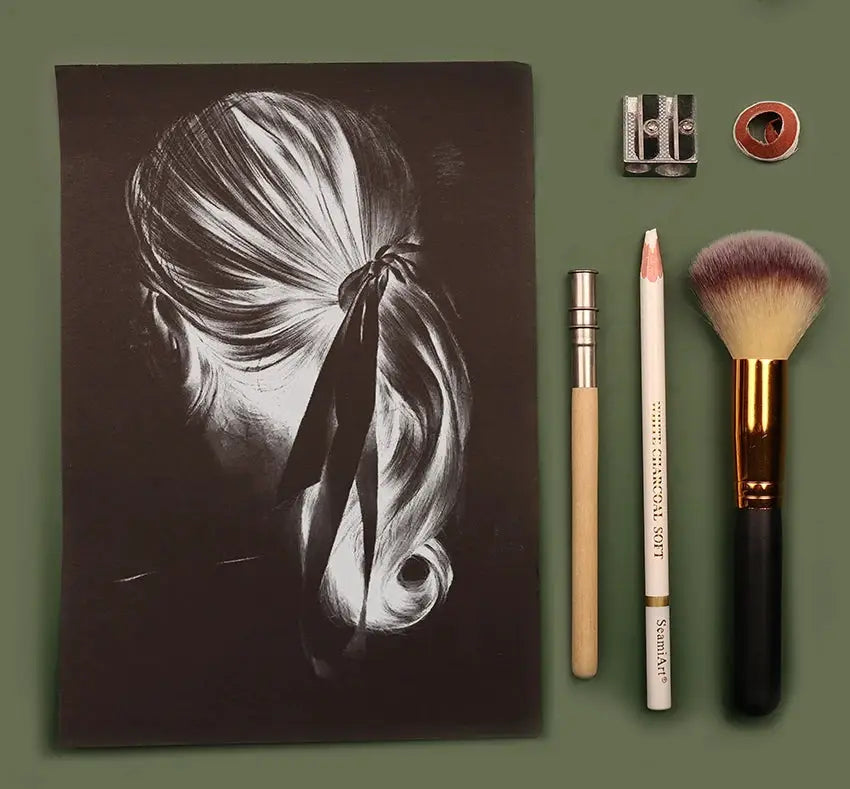 SeamiArt 3-pack white charcoal pencils (soft/medium/hard) by Simples Market for sketching; art tools shown