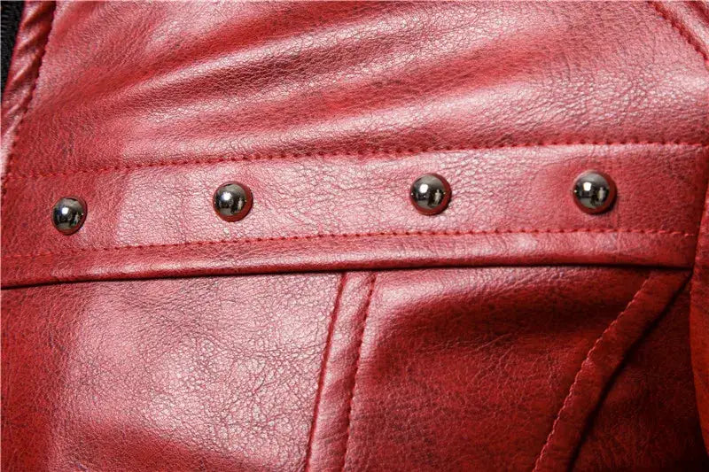 Red PU leather motorcycle jacket with metal studs and stitched strap detail