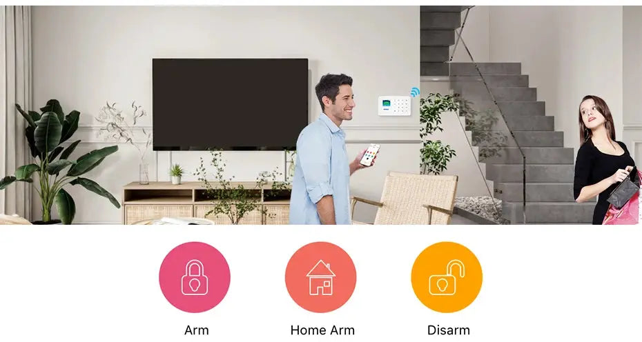 KERUI W184 alarm system unit with 4G/WiFi and Tuya app control; motion sensor in a modern living room