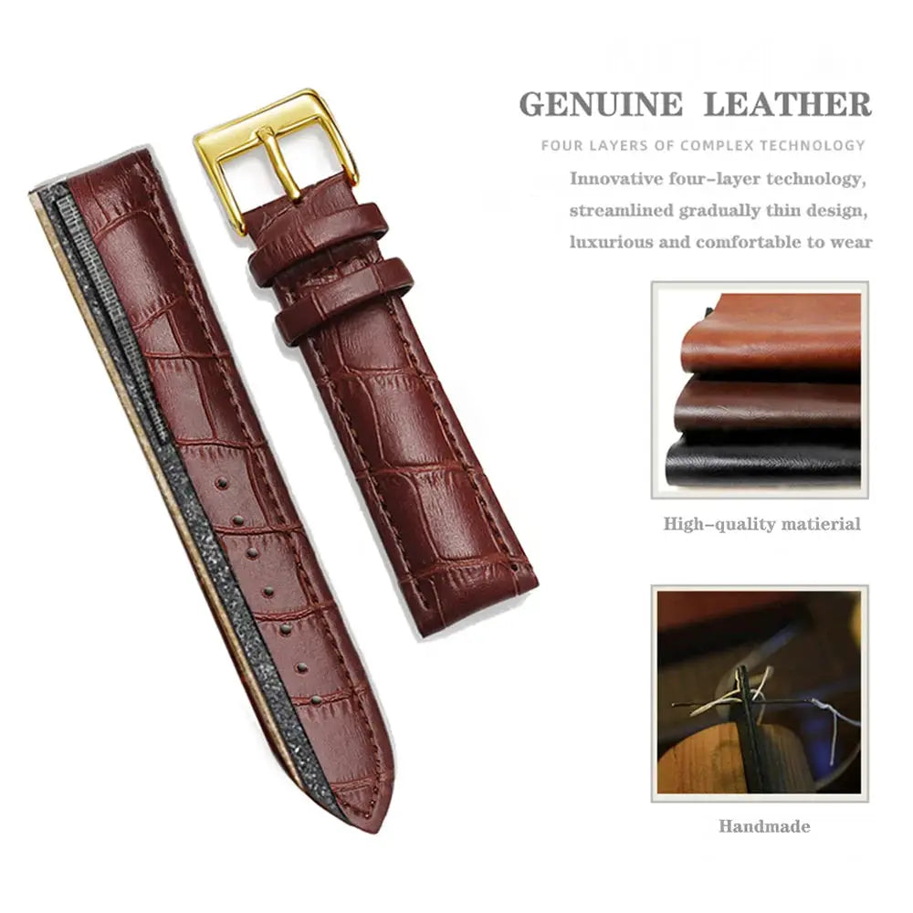Genuine leather watch band in brown with a gold buckle; crocodile-embossed, handmade, high-quality material