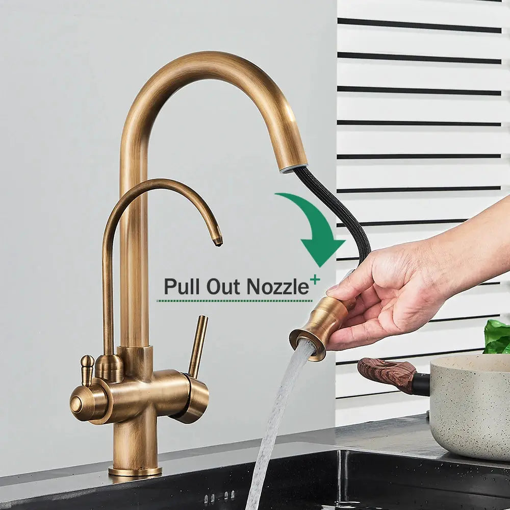 Rozin 2-in-1 antique brass kitchen faucet with pull-out nozzle and dual swivel mixer by Simples Market