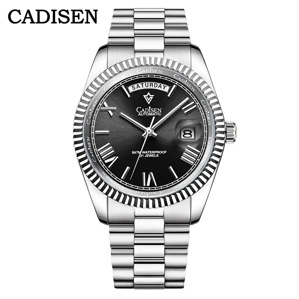 CADISEN men's stainless steel automatic watch with black meteorite dial and day-date window