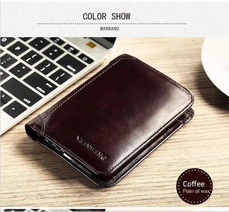 ManBang men's genuine leather wallet in dark brown with compact card holder