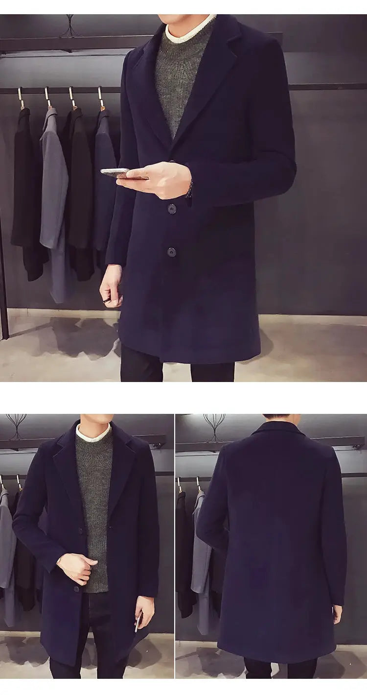Men's navy long wool-blend coat, single-breasted with 3 buttons