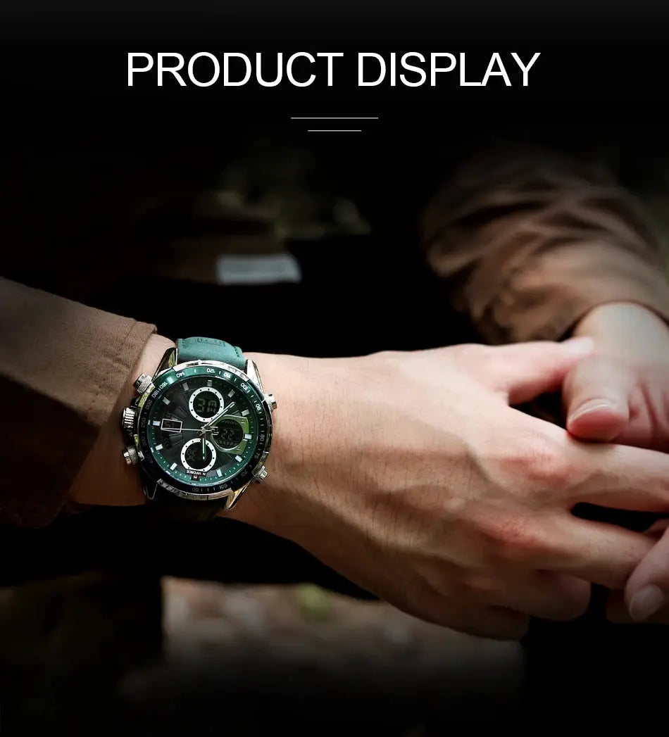 NAVIFORCE military-style men's chronograph watch with green strap and bezel, waterproof quartz