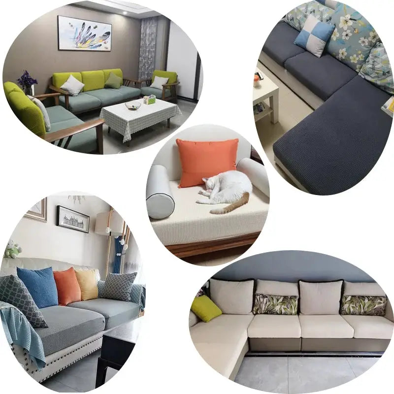 Sofa cushion slipcover by Simples Market; stretchable, washable, removable in five blue, beige and gray styles.