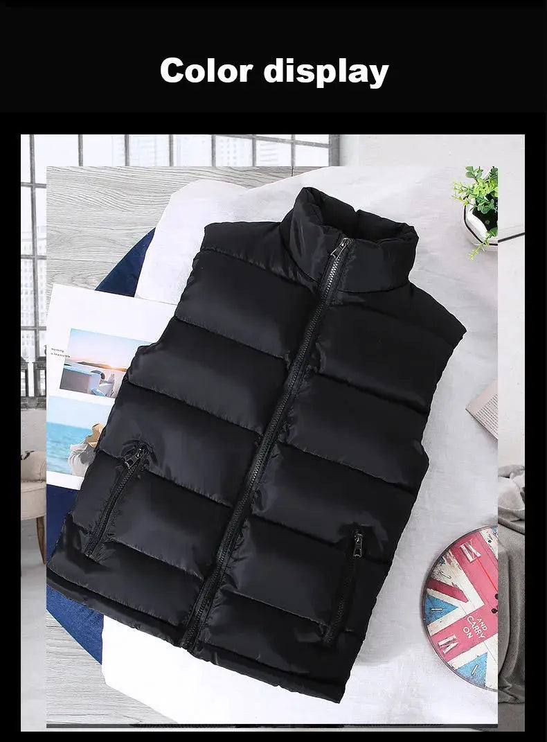 Men's black sleeveless puffer vest with stand collar and zip pockets