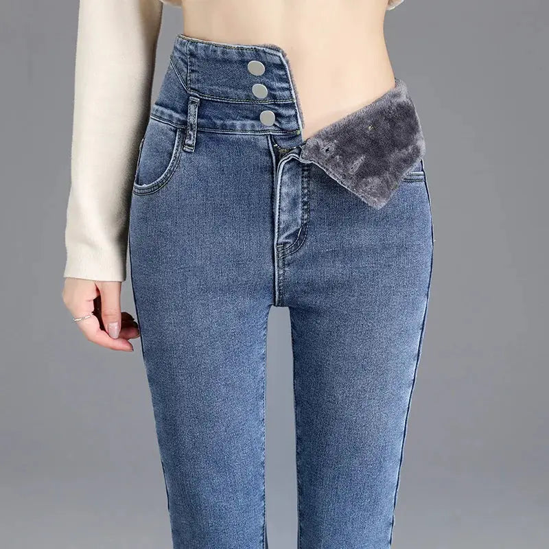 Thermal Winter Thick Fleece High Waist Stretch Skinny Jeans For Women