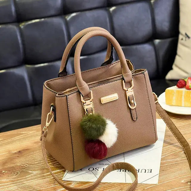 Yogodlns Beading Pendant Handbag Soft PU Leather Embossed Detailing Hairball Pendants Casual Tote With Compartments