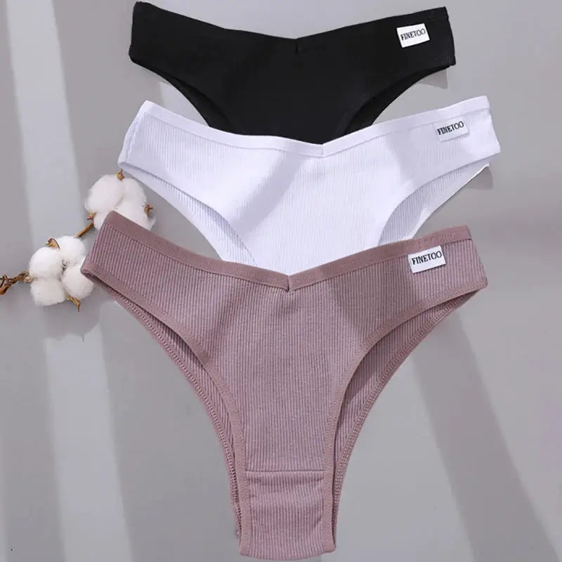 FINETOO 3-pack cotton Brazilian panties for women, ribbed V-waist T-back in black, white, mauve
