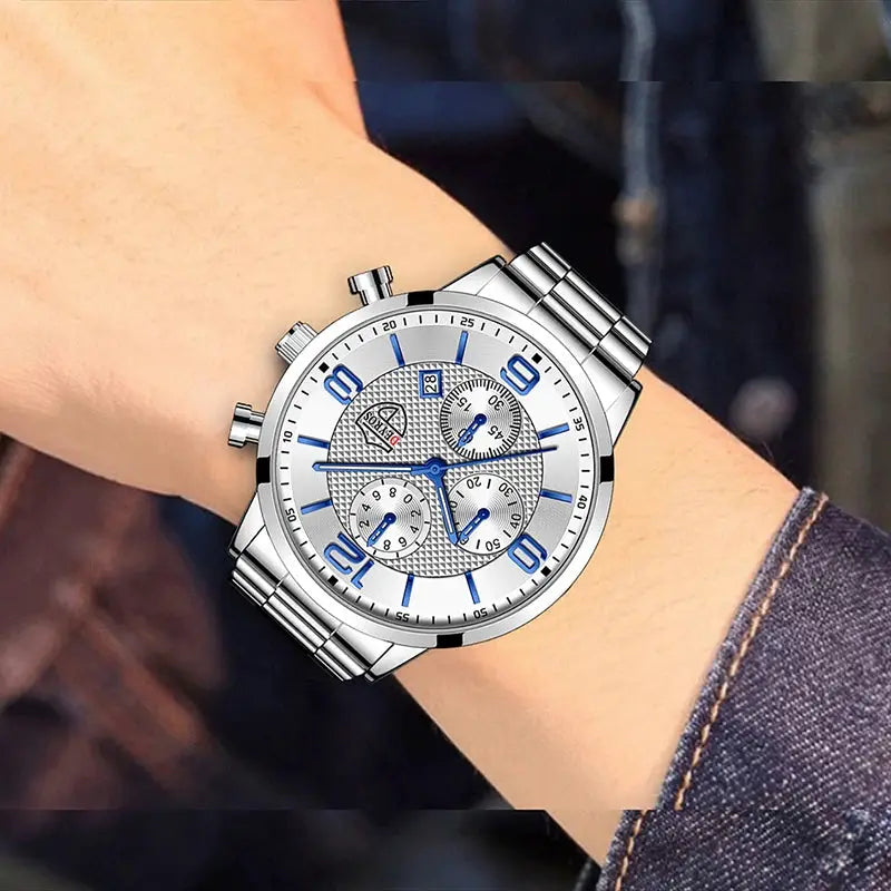 LuxAurum Mens Luxury Business Watch Stainless Steel Quartz With Calendar And Luminous Hands