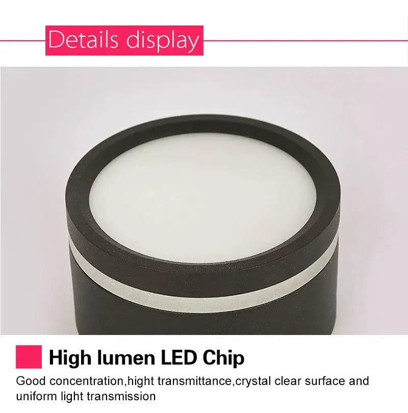 LED surface-mounted downlight with black cylindrical housing and white diffuser.