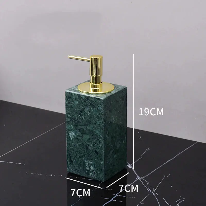 Green marble soap dispenser with gold pump for bathroom, rectangular block design