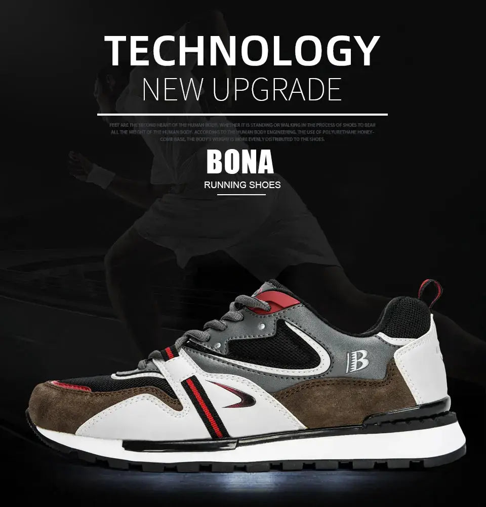 BONA men's leather sport shoes, running sneakers in white, gray and brown with red accents.