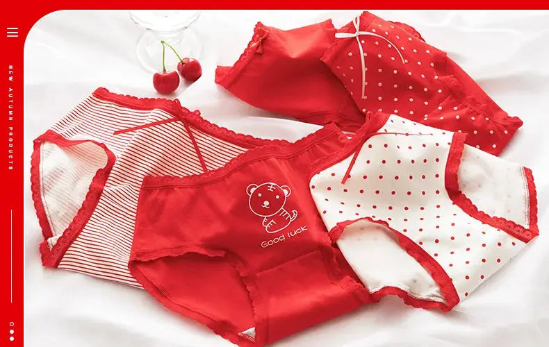 Cotton women's mid-waist seamless underwear set, 5-pack by Simples Market in red/white with bow, stripes and polka dots