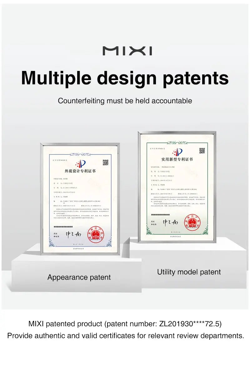 Mixi aluminum-frame carry-on luggage on display with two patent certificates (appearance and utility model)