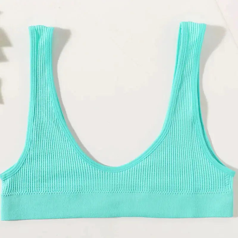 Simples Market turquoise ribbed seamless bralette crop top; non-wire, deep-U neckline.