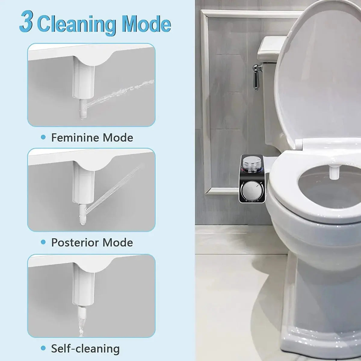 Bidet toilet seat attachment by Simples Market with dual nozzles, non-electric, three cleaning modes.