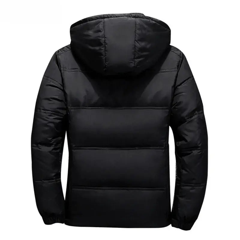 Men's black hooded down jacket, quilted for winter warmth