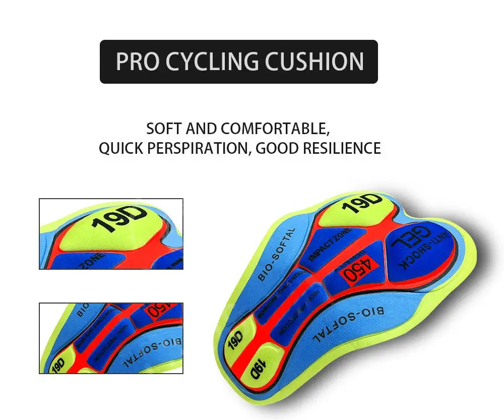Pro cycling cushion insole with neon yellow edge and blue-red panels; includes two close-up views.