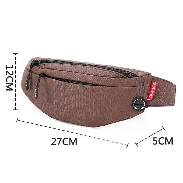 TINYAT waist bag (fanny pack) in brown with zip pockets and adjustable strap; 27cm x 12cm x 5cm