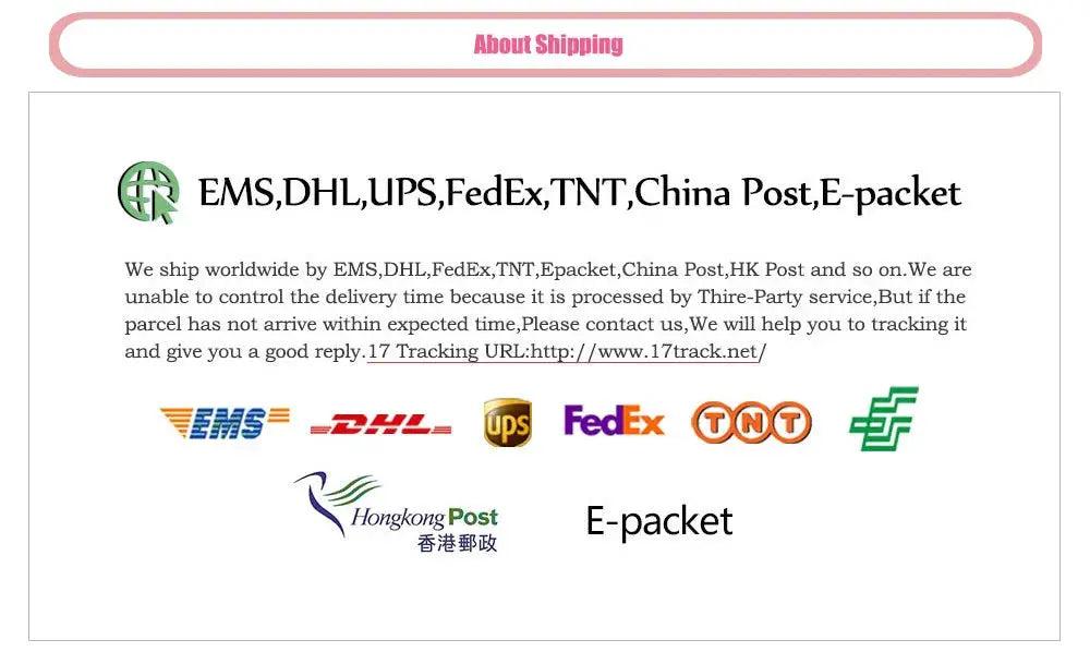 Dog car front seat cover shipping info banner with EMS, DHL, UPS, FedEx, TNT, China Post and Hong Kong Post logos