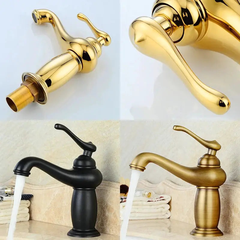 Four bathroom faucets in brass/gold and black finishes with single-handle taps.