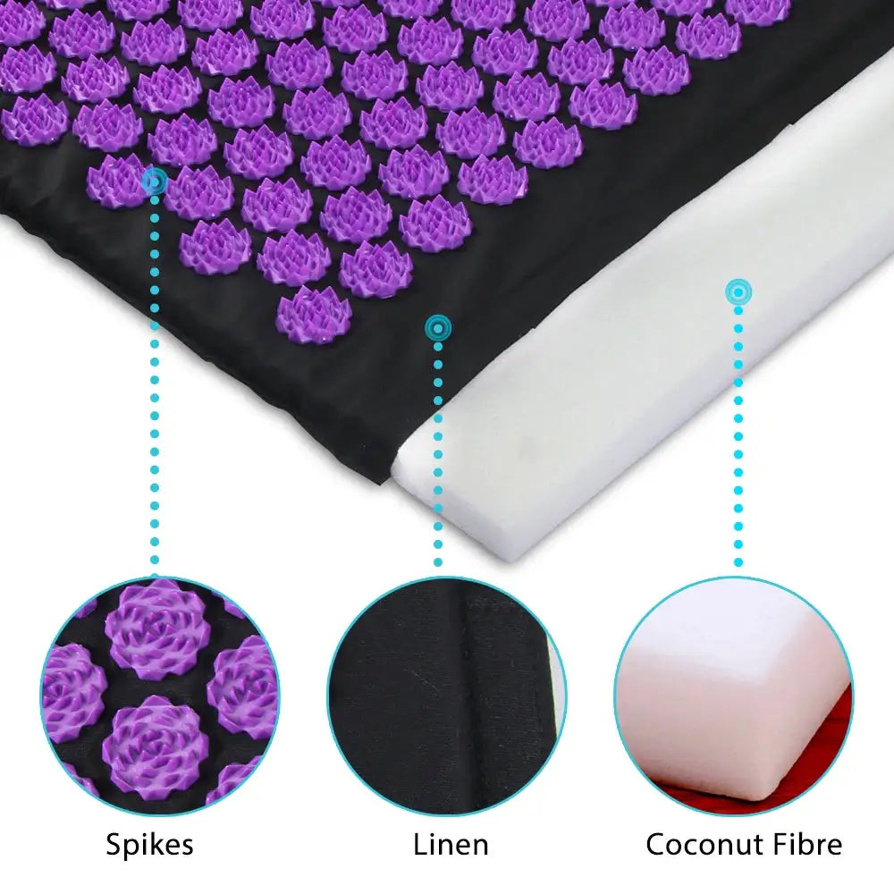 Acupressure yoga mat with purple spike discs and white cushion featuring linen and coconut fibre fill