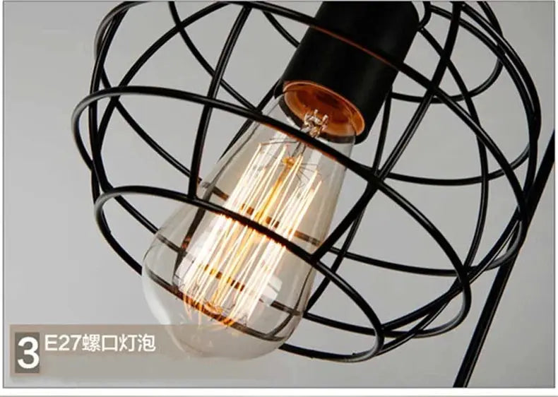 Industrial retro iron art pendant light with black wire cage and Edison-style filament bulb.