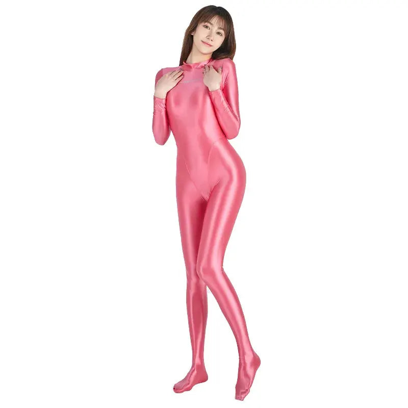 Pink shiny wetlook catsuit with front zipper, fullbody Zentai jumpsuit for women.