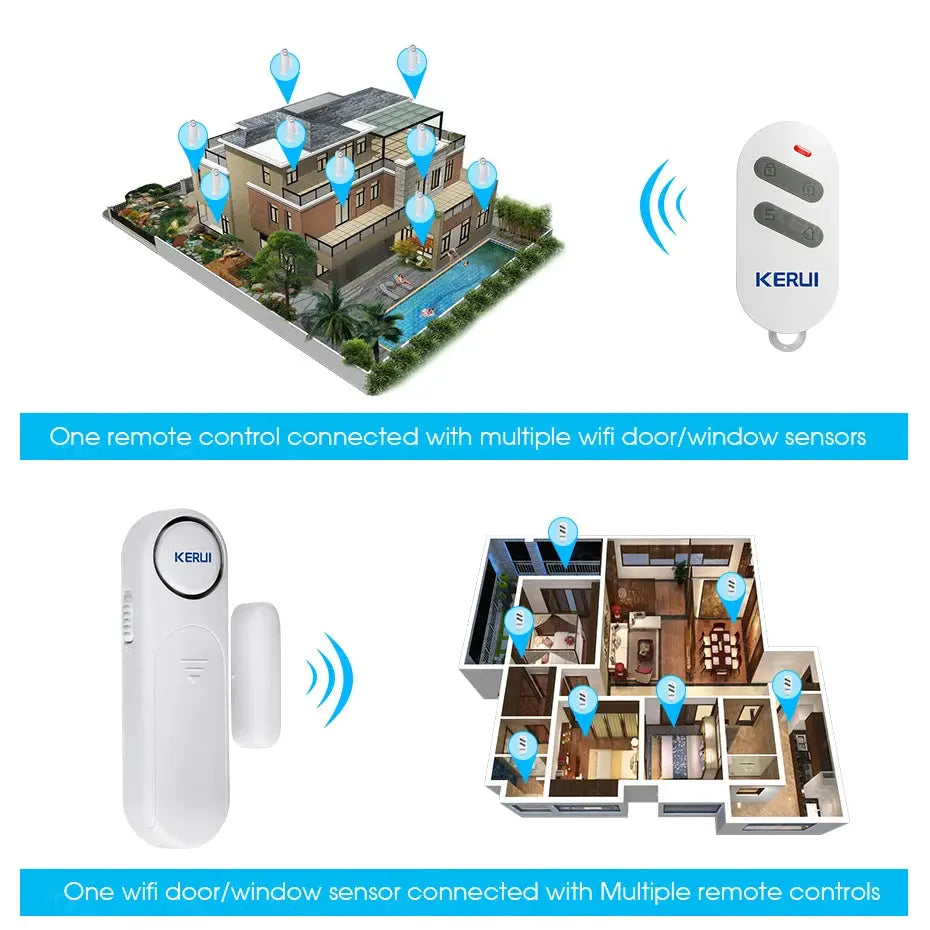 KERUI wireless door/window sensor alarm kit with a white remote and multiple sensors for home security