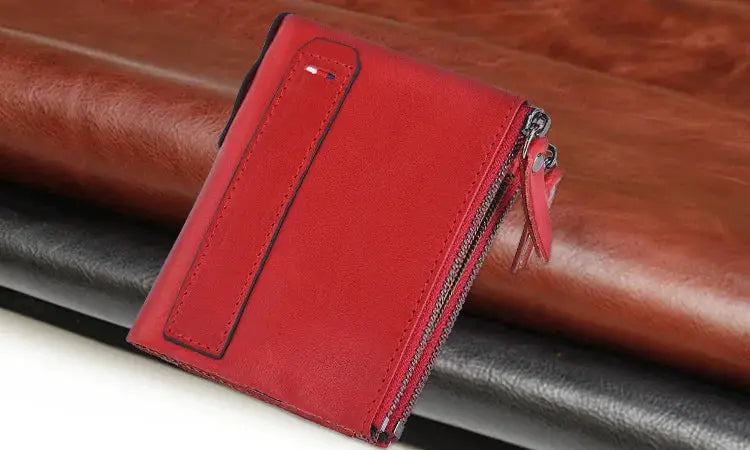 Men's red genuine cow leather wallet with dual zipper closure